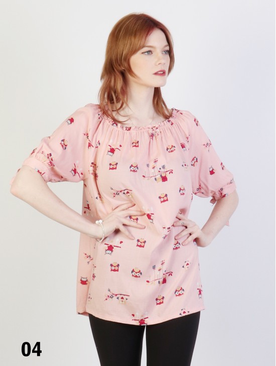 Off The Shoulder Owl Pattern Blouse W/ Ribbon Detail